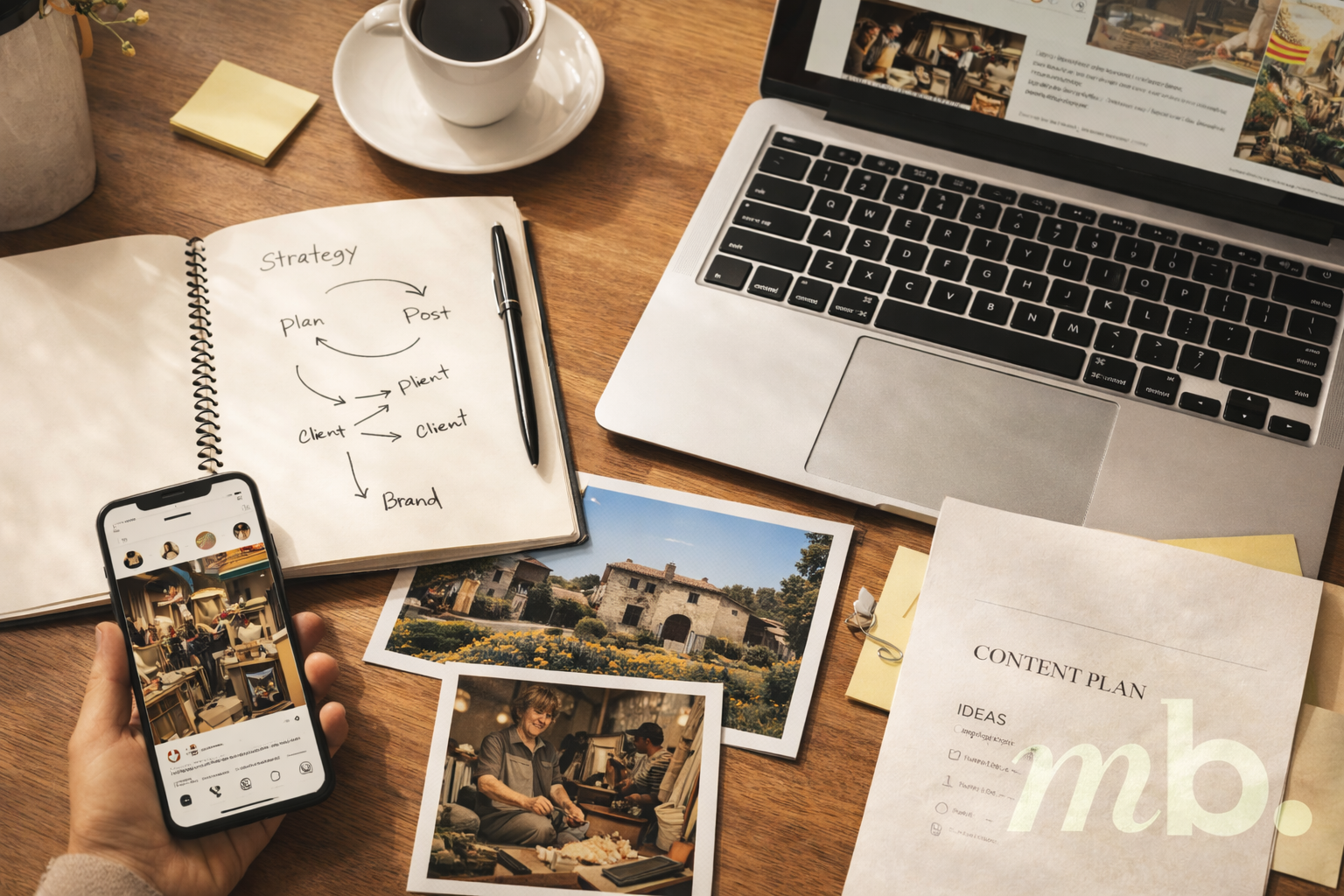 Cuaderno con notas estratégicas, portátil y fotografías de un negocio local sobre una mesa de trabajo, representando la planificación de comunicación digital para pymes – Molt Bé.
