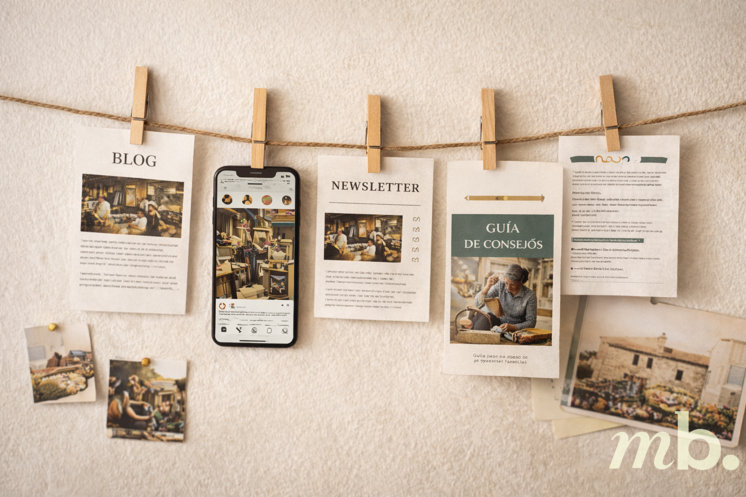 Formatos de contenido digital colgados en un cordel creativo: blog, redes sociales, newsletter y ebook inspirados en negocios locales para comunicación de pymes – Molt Bé.
