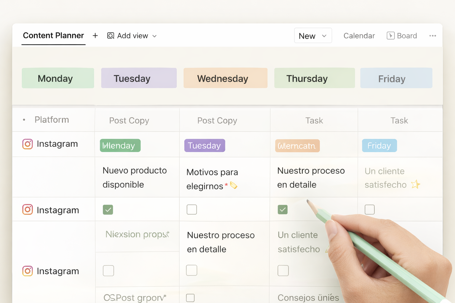 Planificador de contenidos para redes sociales que muestra la organización semanal de publicaciones como parte de la gestión de presencia digital para pymes realizada por Molt Bé.
