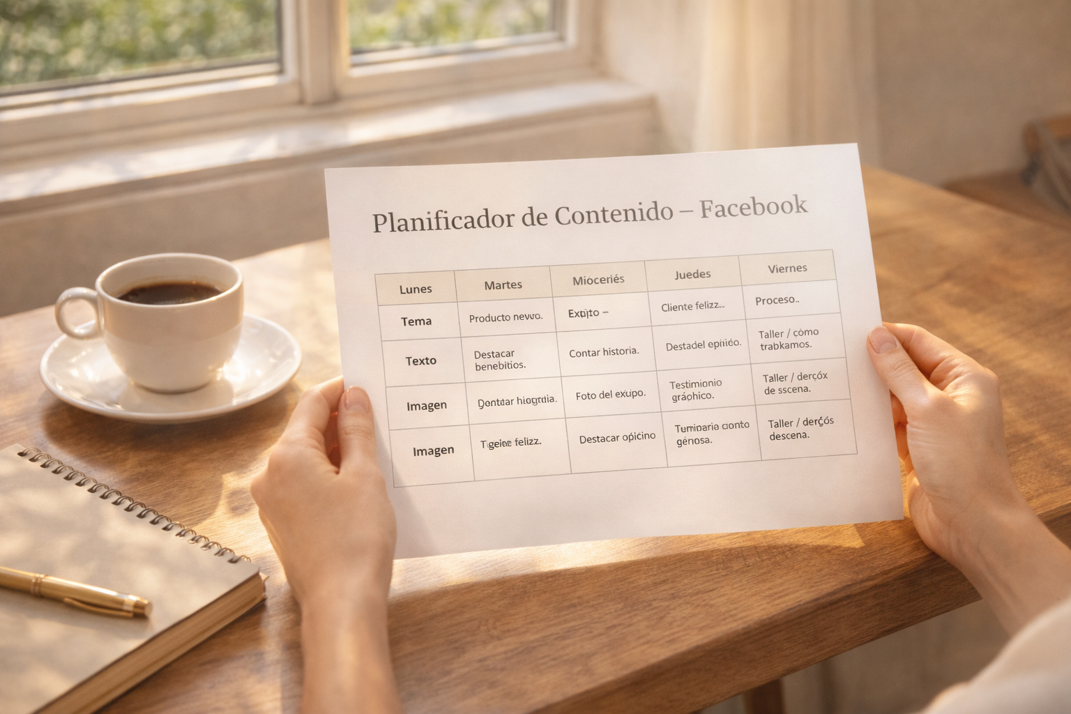 Manos sosteniendo un planificador de contenidos de Facebook sobre una mesa con cuaderno y café, planificando comunicación digital para pymes – Molt Bé.