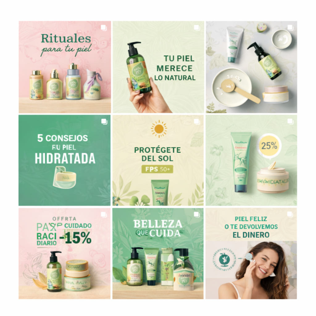 Publicaciones de cosmética natural organizadas en un feed de Instagram, ejemplo de creación de contenidos para redes sociales de pymes – Molt Bé.