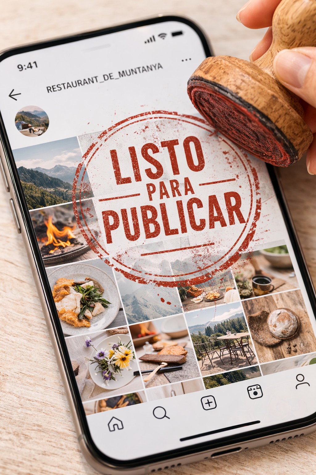 Móvil mostrando el feed de Instagram de un restaurante de montaña con fotografías de platos y paisajes, marcado con un sello antiguo ‘Listo para publicar’, ejemplo de contenidos para redes sociales – Molt Bé.
