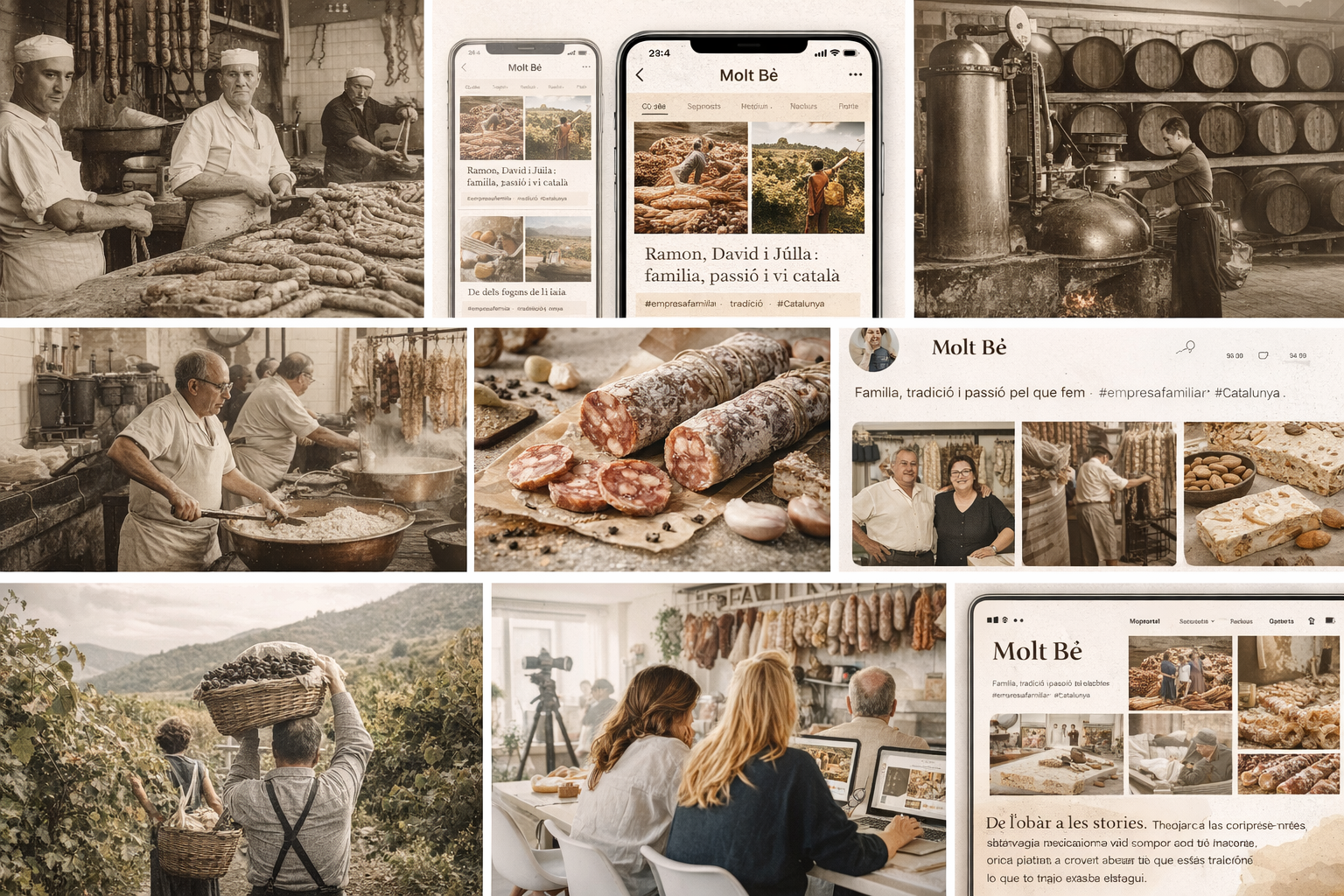 Collage de pymes familiares catalanas: fábrica de embutidos, elaboración de turrones y bodega tradicional junto a feed moderno de Instagram – comunicación digital para pymes Molt Bé.”