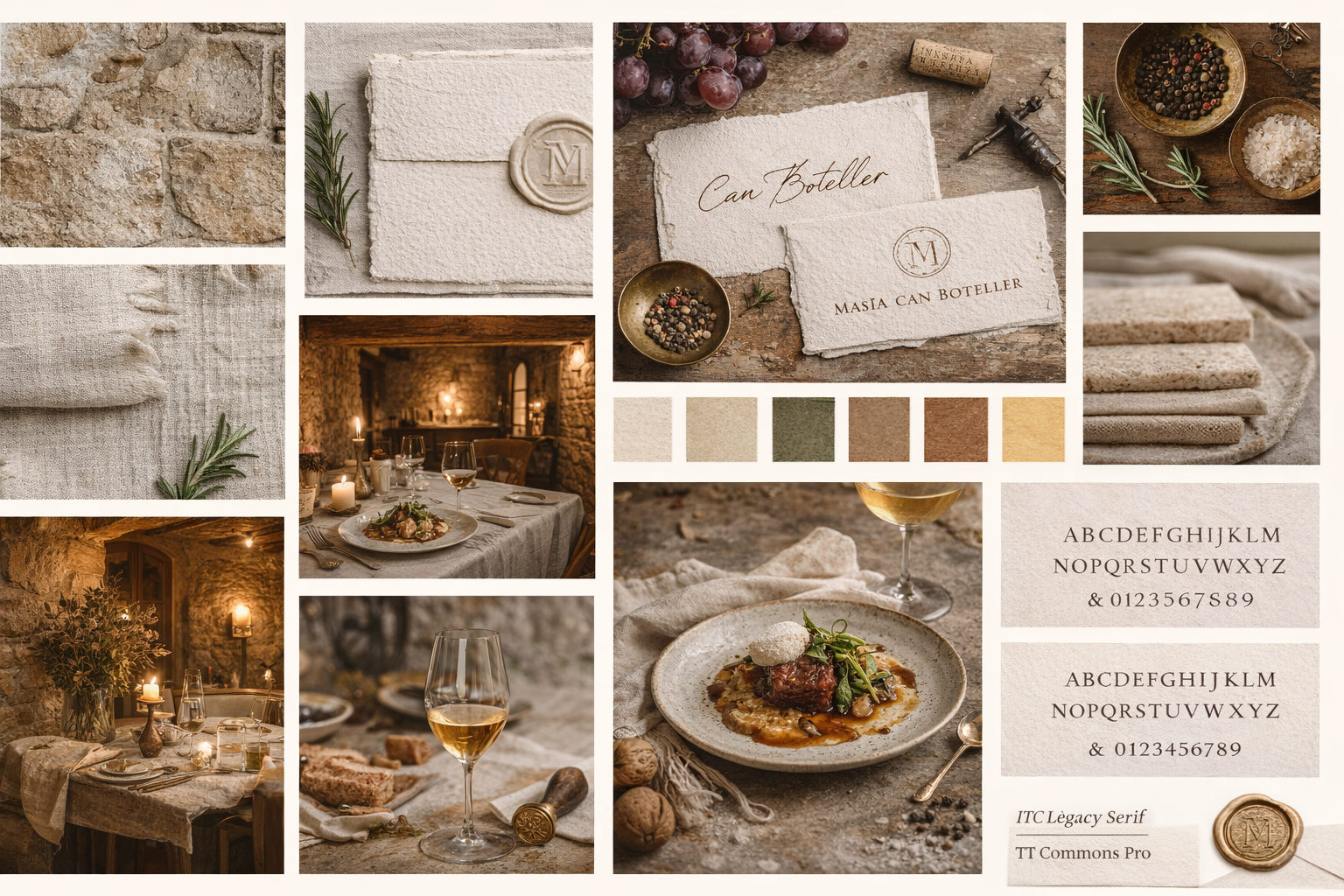 Moodboard de marca para masía catalana: texturas naturales, paleta tierra, tipografía elegante y cocina tradicional gourmet. Molt Bé