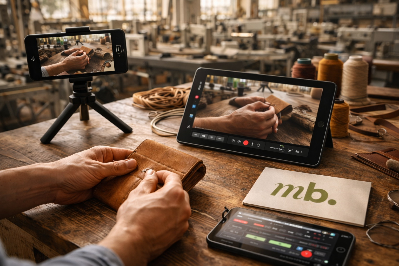 Artesano trabajando marroquinería mientras se graba contenido con móvil y tablet en fábrica de cuero – estrategia de contenidos para pymes Molt Bé