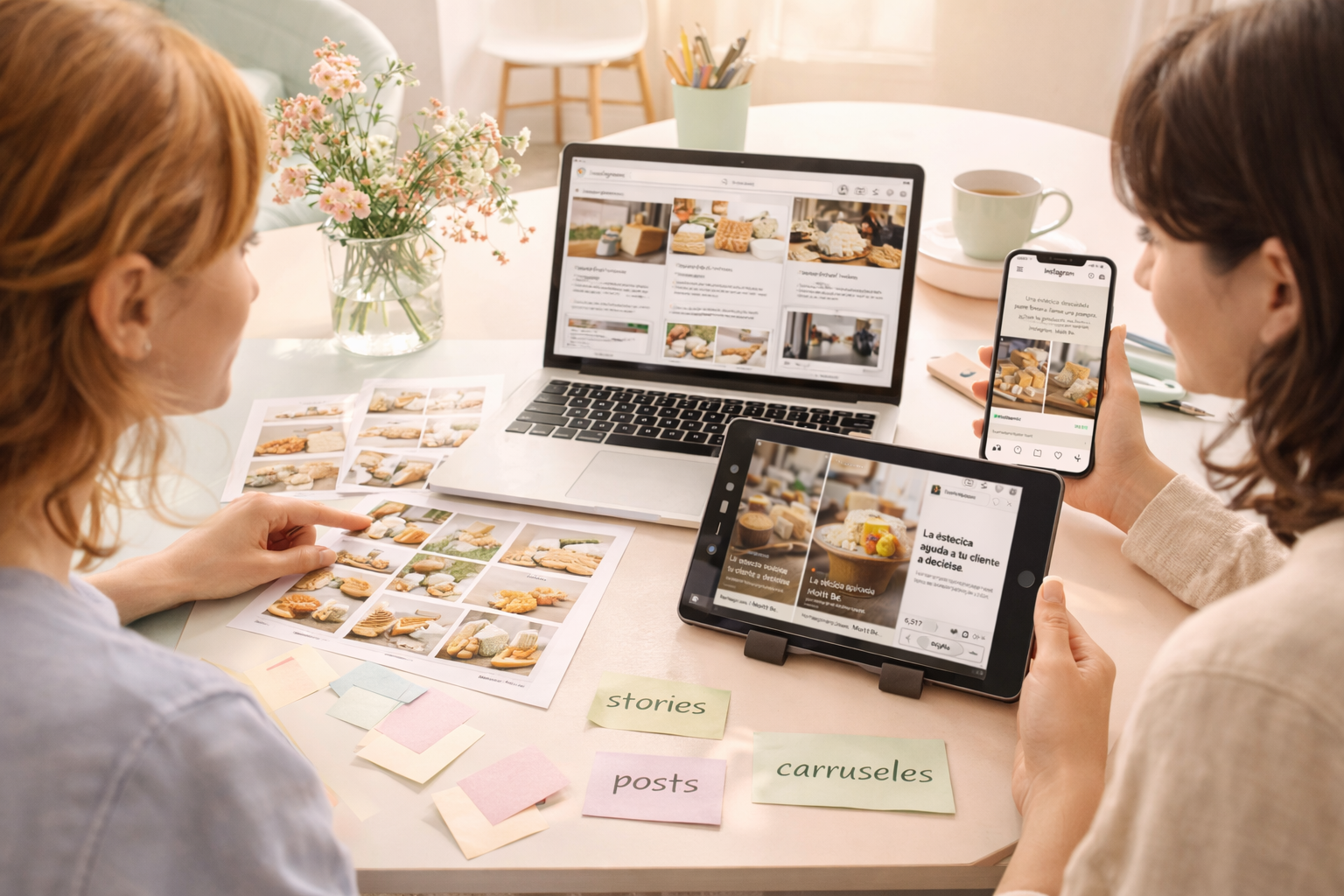 planificación de contenidos para redes sociales con móvil, tablet y portátil, creando carruseles, posts y stories para marketing digital de pymes- Molt Bé