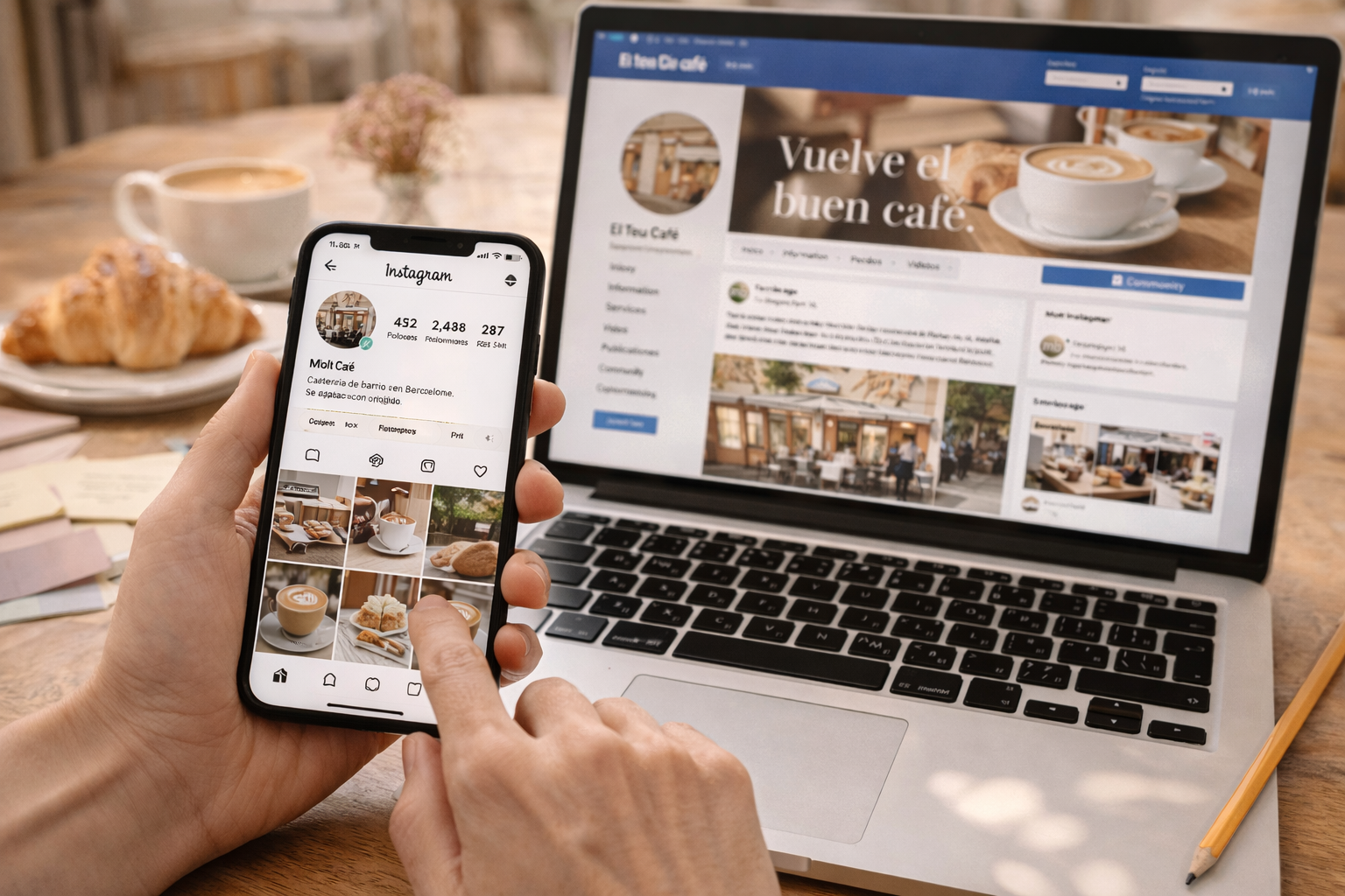 Gestión de redes sociales para cafetería catalana mostrada en móvil e Instagram y Facebook, estrategia digital para pymes desarrollada por Molt Bé.