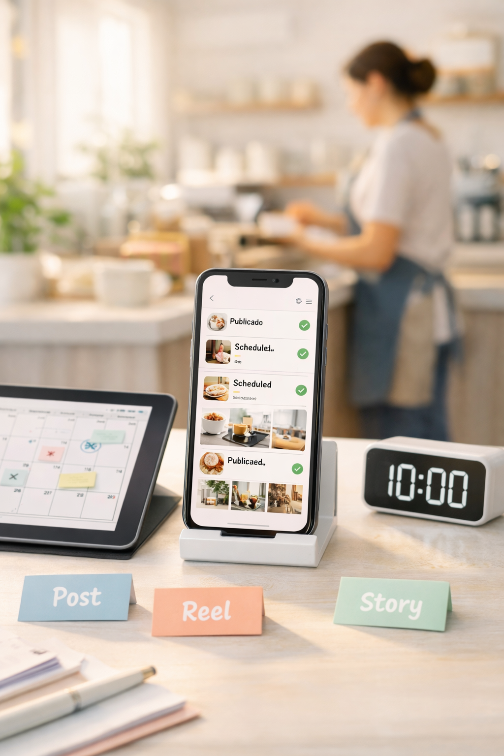 Smartphone con publicaciones programadas en redes sociales junto a calendario editorial, ejemplo de gestión y publicación de contenidos digitales para pymes – Molt Bé.
