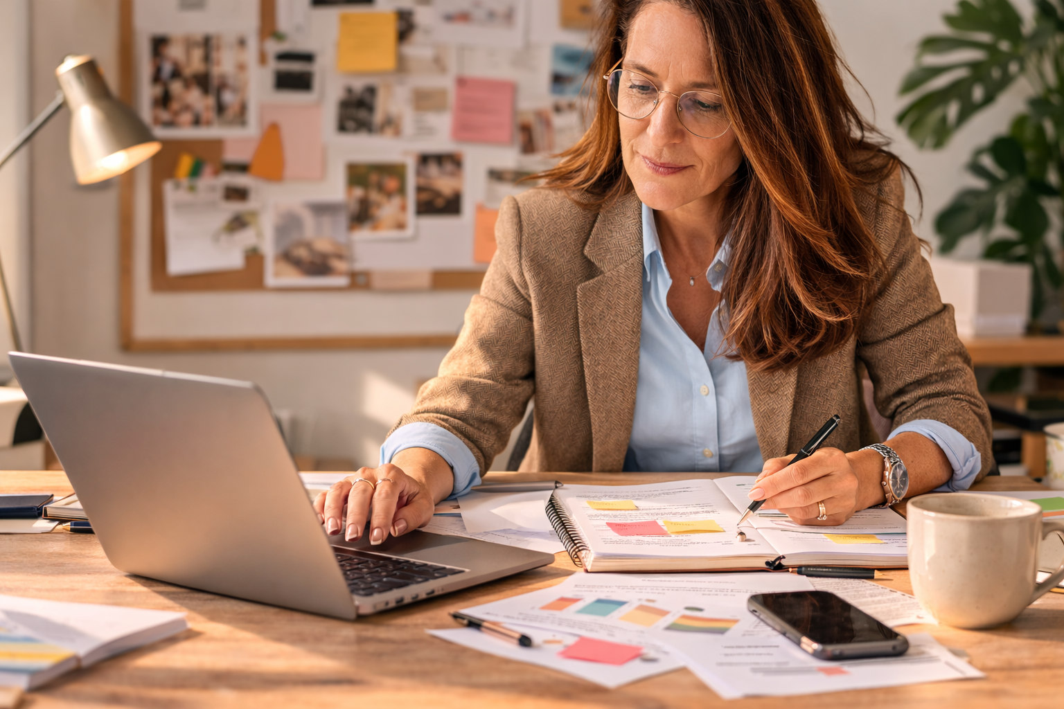 Consultora de Molt Bé planificando una estrategia de contenidos para pymes desde su escritorio, organizando calendario editorial y publicaciones para redes sociales.
