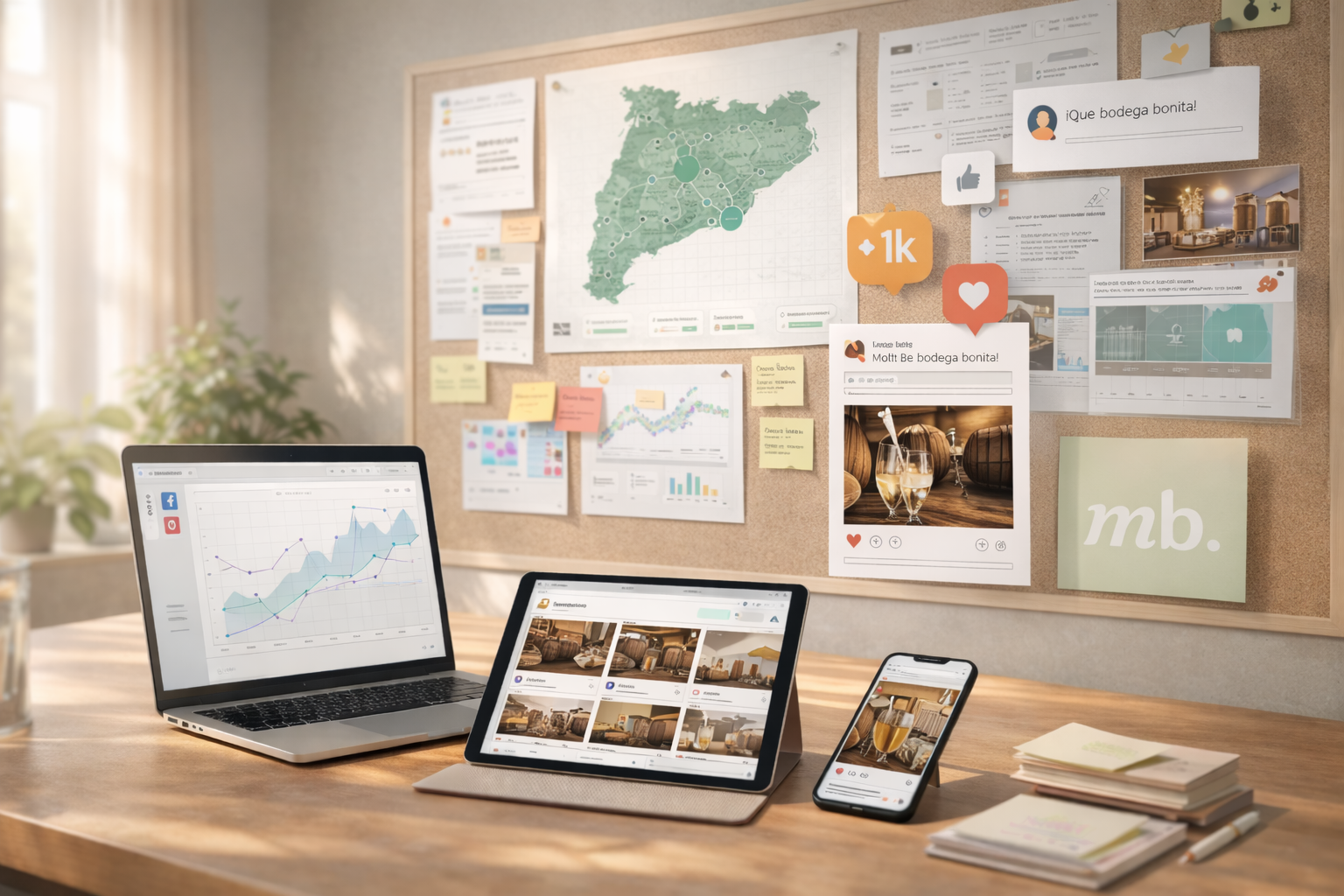 Estrategia de contenidos y gestión de redes sociales para bodega catalana, con mapa de Cataluña y dashboard de planificación de marketing digital — Molt Bé.