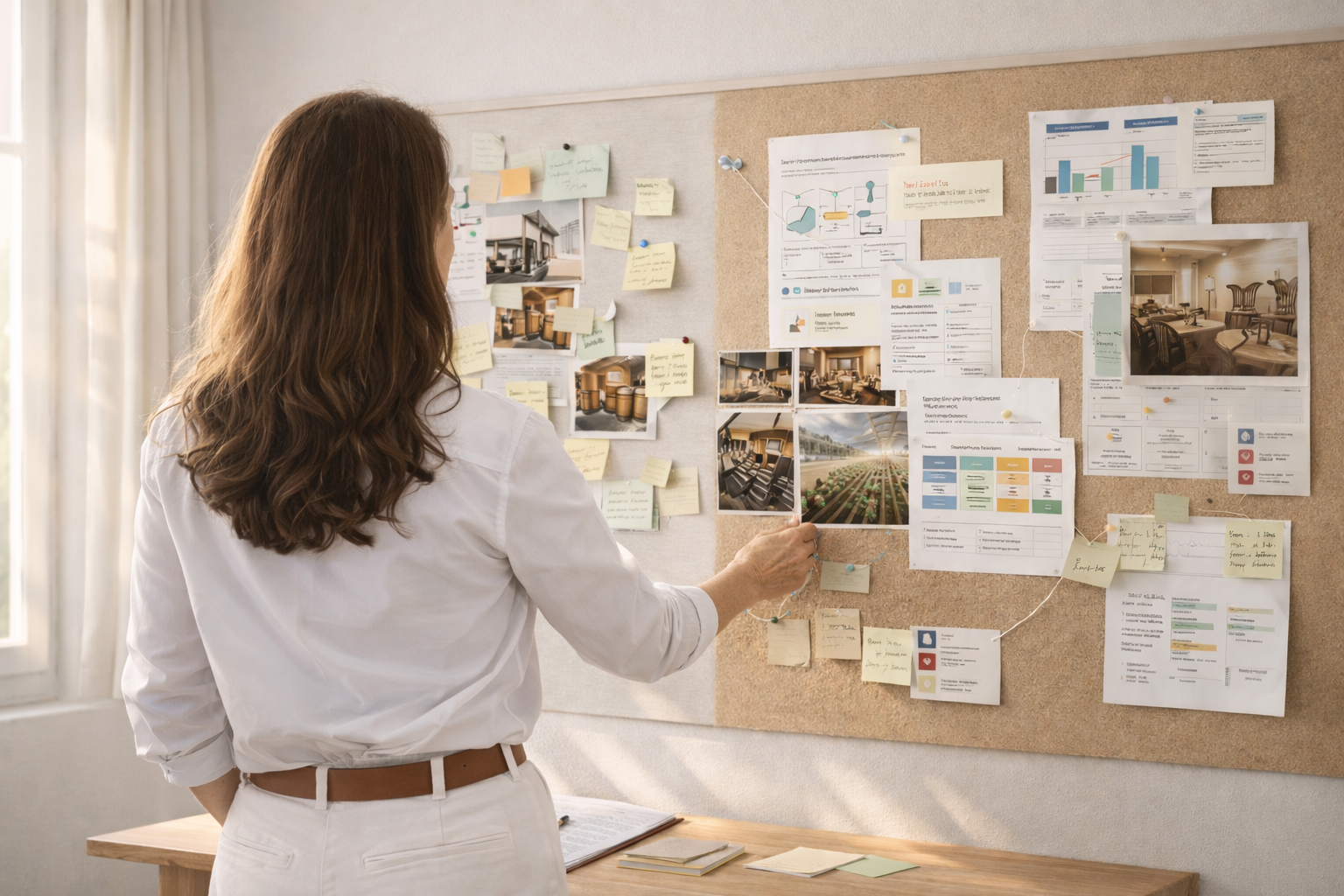 Profesional de Molt Bé organizando estrategia de contenidos en oficina luminosa, estructurando ideas y materiales para mejorar la comunicación digital de una pyme.