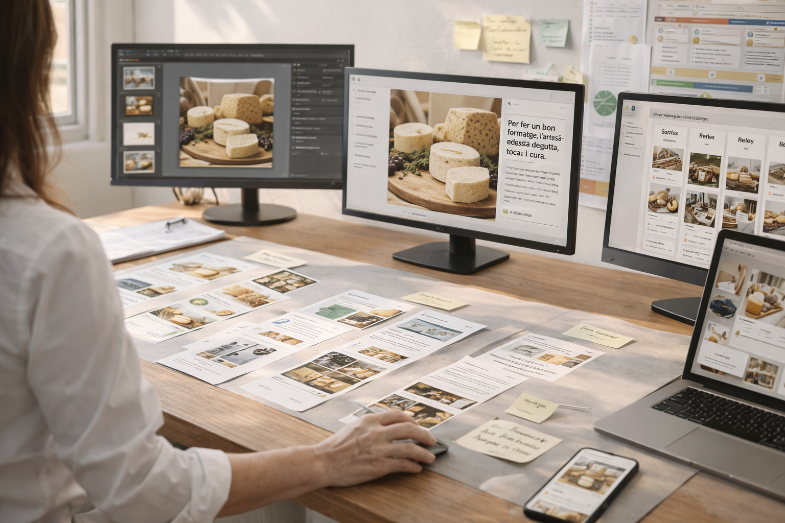 Mesa de trabajo de Molt Bé con varios monitores y materiales físicos donde se desarrolla contenido digital para una pyme fabricante de quesos en Cataluña, mostrando planificación editorial, diseño de publicaciones y estrategia de marketing para pymes.