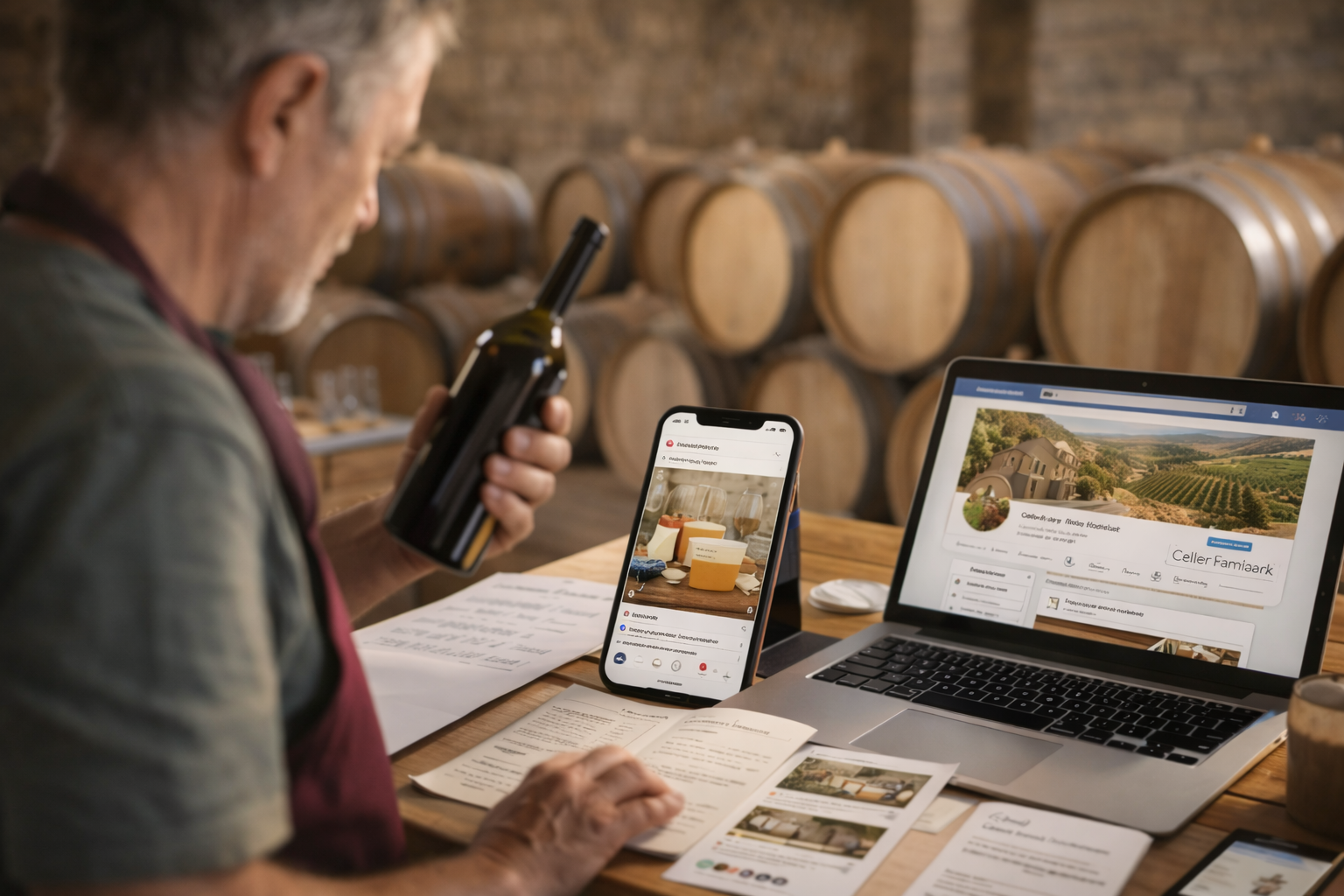 Gestión digital en pyme catalana: trabajador revisa contenido en móvil y portátil para mejorar visibilidad en redes sociales. Molt Bé