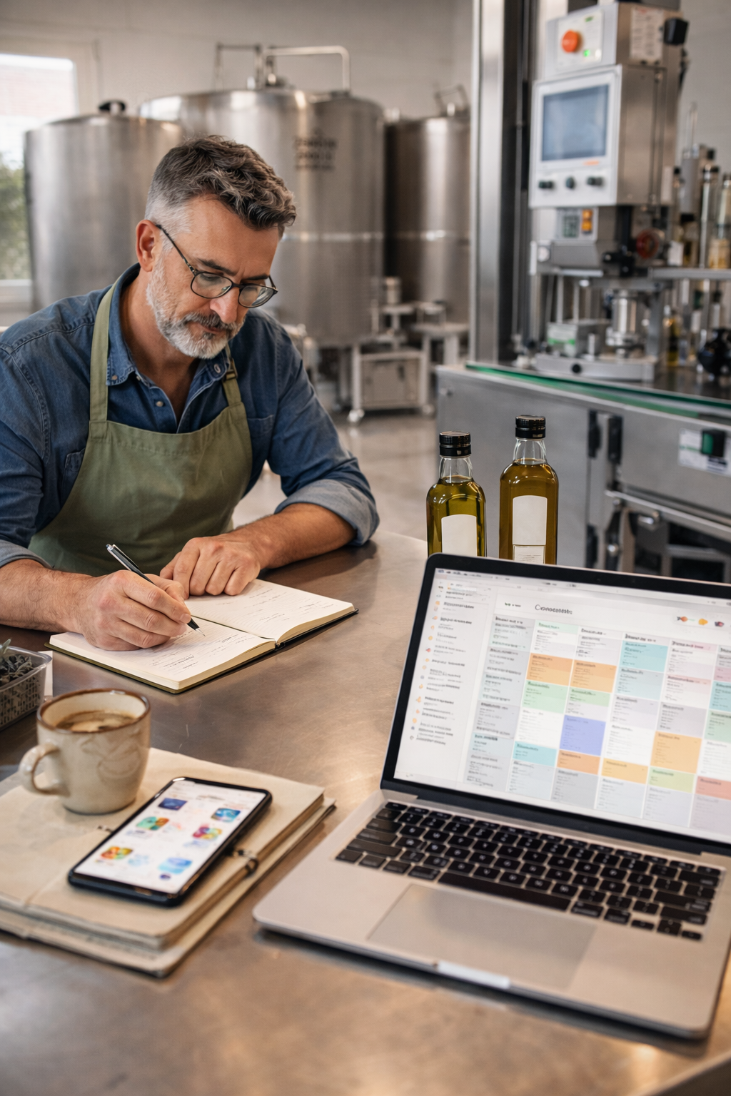 Propietario de pyme catalana de aceite trabaja en su planta mientras Molt Bé gestiona su contenido digital con calendario editorial y redes activas.