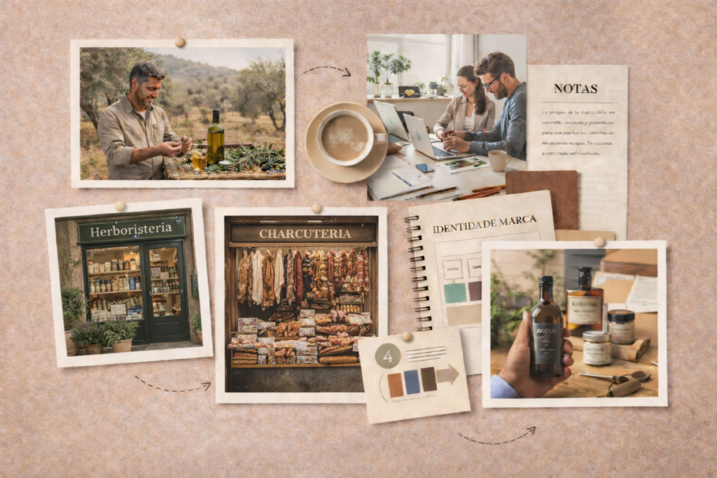 Collage de fotos clientes Molt Bé, agencia de marketing digital para pymes en Cataluña más elementos de identidad de marca