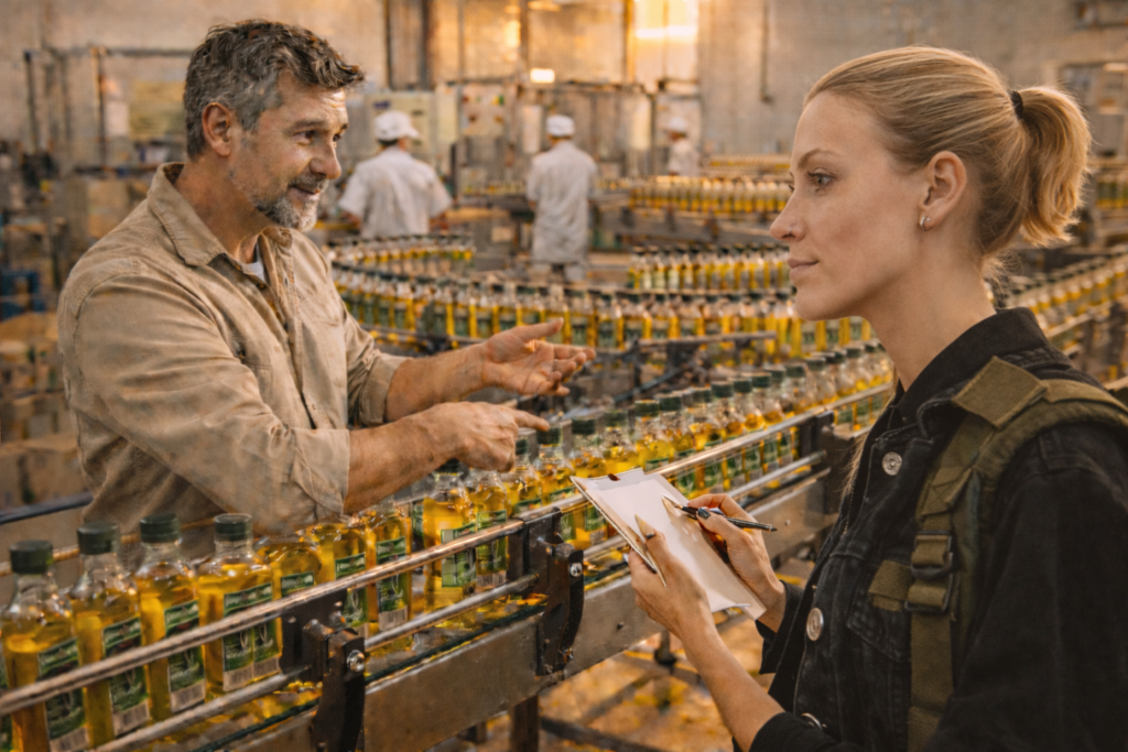 Fábrica de aceite de oliva en Cataluña donde el propietario explica el proceso de producción a una consultora, durante una visita estratégica de marketing digital de Molt Bé.