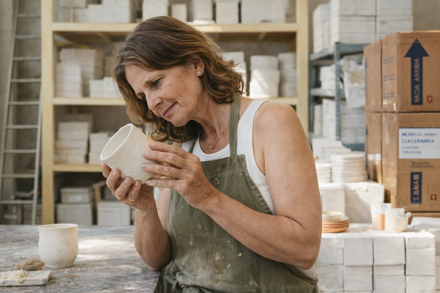 Ceramista revisando una pieza artesanal en su taller que representa la identidad y presencia digital de una pyme artesanal – Molt Bé
