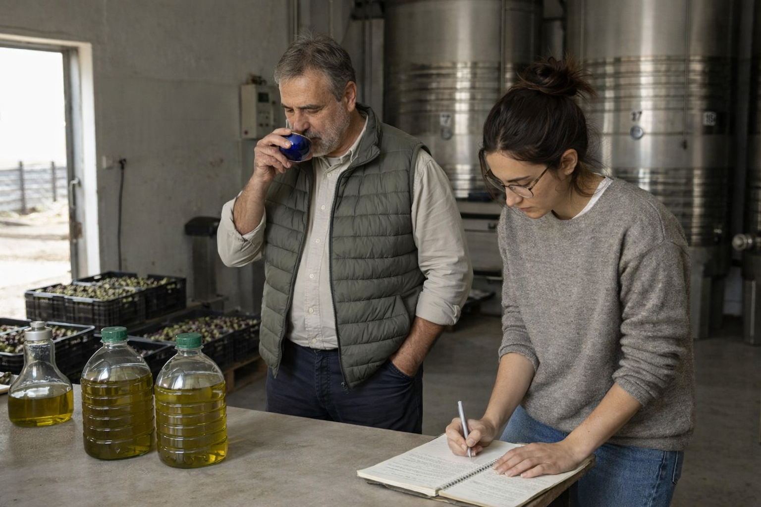 Productora de aceite de oliva tomando notas durante la revisión del proceso que representa la planificación y estrategia de comunicación digital para pymes – Molt Bé