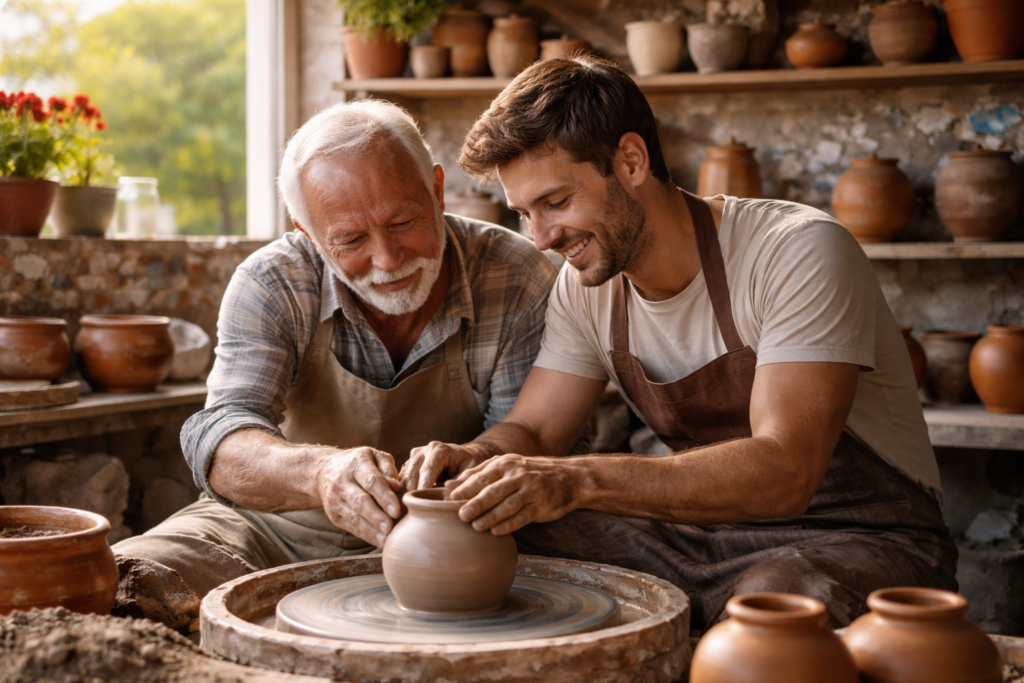 Taller de cerámica en Cataluña con dos generaciones trabajando juntas modelando una pieza artesanal, reflejando el relevo generacional en un negocio local con acompañamiento estratégico de Molt Bé.