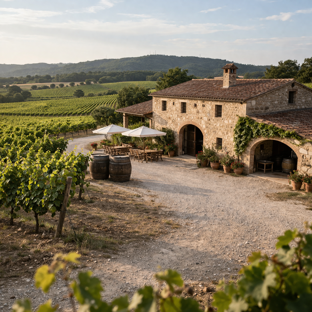 Viñedos del Penedès con bodega tradicional catalana rodeada de paisaje natural, ejemplo de empresa local con historia que merece mostrarse con claridad – Molt Bé comunicación y marketing para pymes