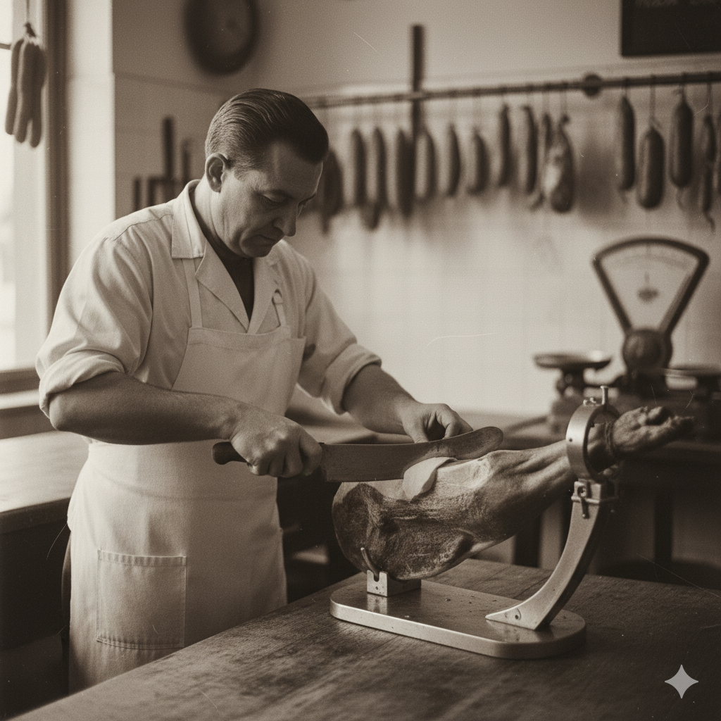 Los orígenes de una charcuteria catalana. Imagen de archivo de Molt Bé