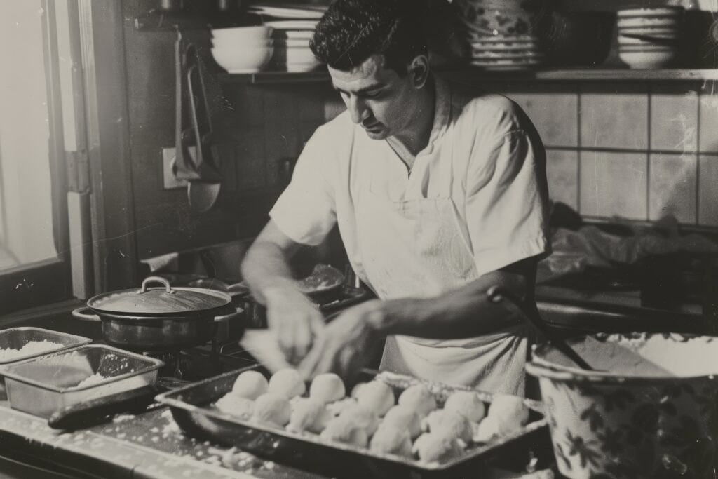 Foto antigua cocinero catalán, preparando piezas de comida para meter en el horno. Ilustración para página cómo trabajamos la comunicación digital para pymes familiares