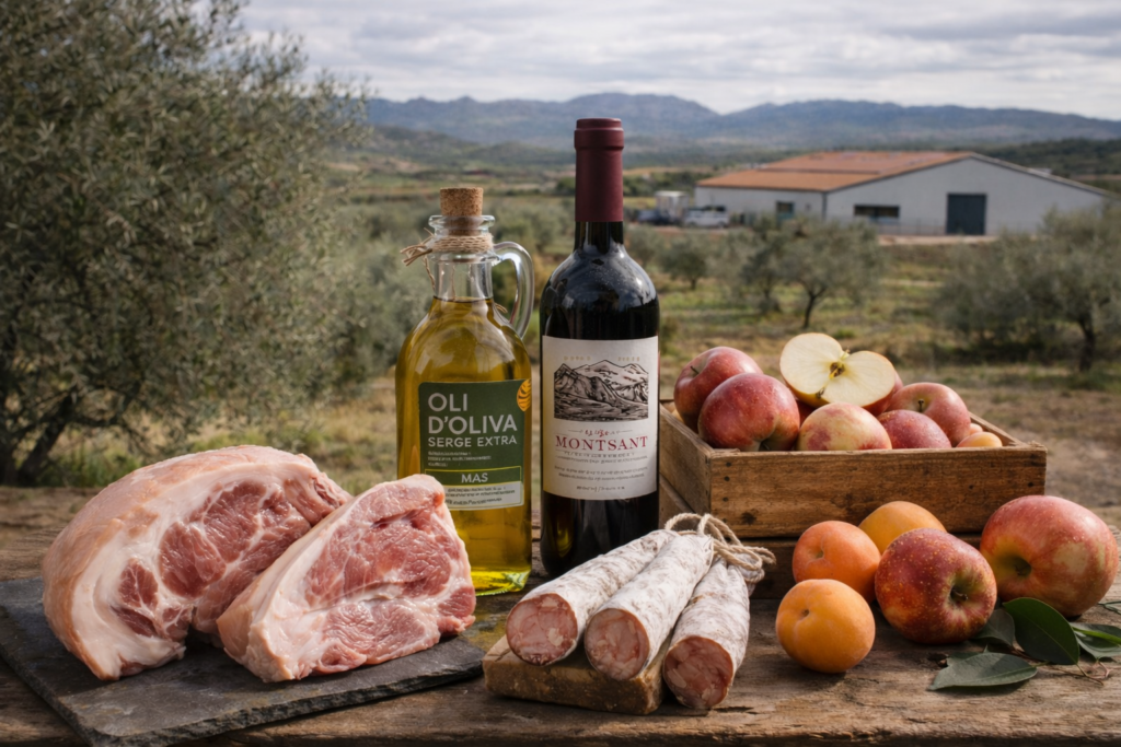 producto de Cataluña vino, carne, huevos, fruta, aceite. para ilustrar Comunicación digital para colectivos territoriales y asociaciones sectoriales
