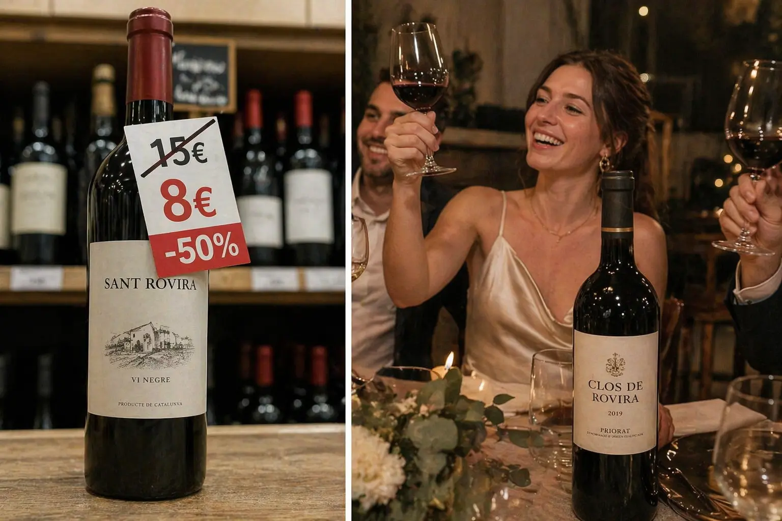 Una botella con fuerte descuento se contrapone a otra compartida en una celebración elegante. La imagen muestra cómo una pyme agroalimentaria puede vender precio o vender valor.