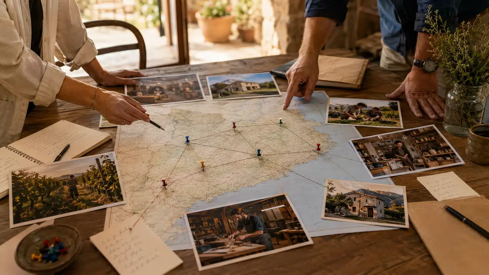 Mesa de estrategia con mapa de Cataluña, pymes locales y conexiones territoriales para representar el territorio como ventaja competitiva y el storytelling territorial para pymes – Molt Bé