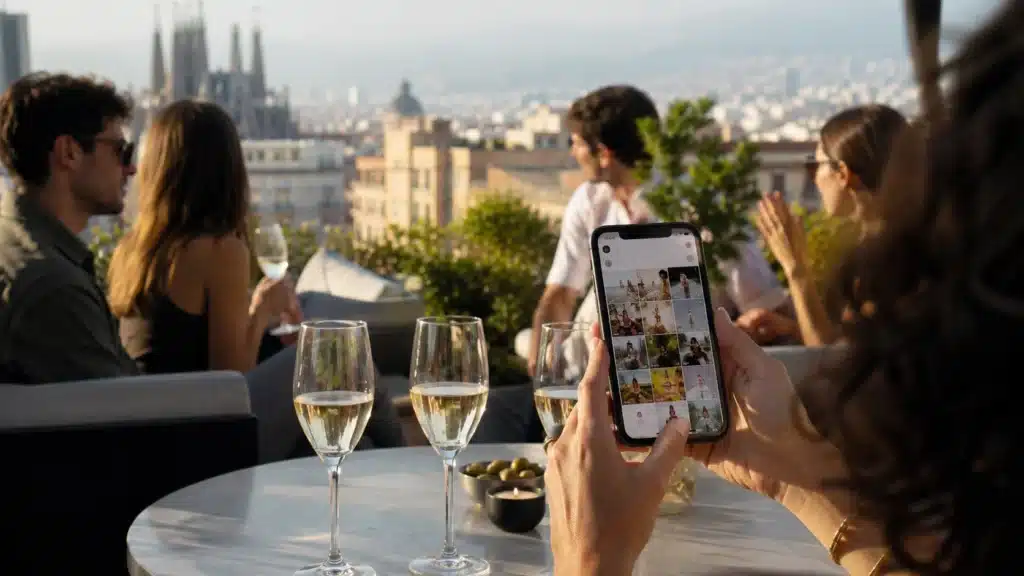Terraza urbana en Barcelona con copas de espumoso y móvil en primer plano que representa el marketing para marcas maduras y la captación de nuevos públicos – Molt Bé