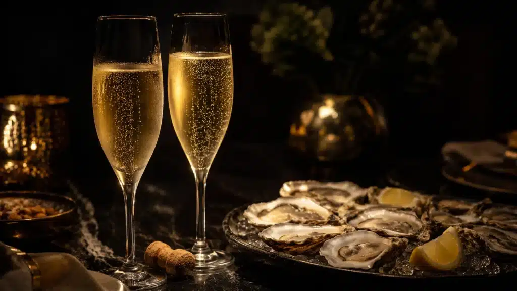 Dos copas de cava premium junto a una mesa de ostras que representa una estrategia de marca para empresas con historia – Molt Bé