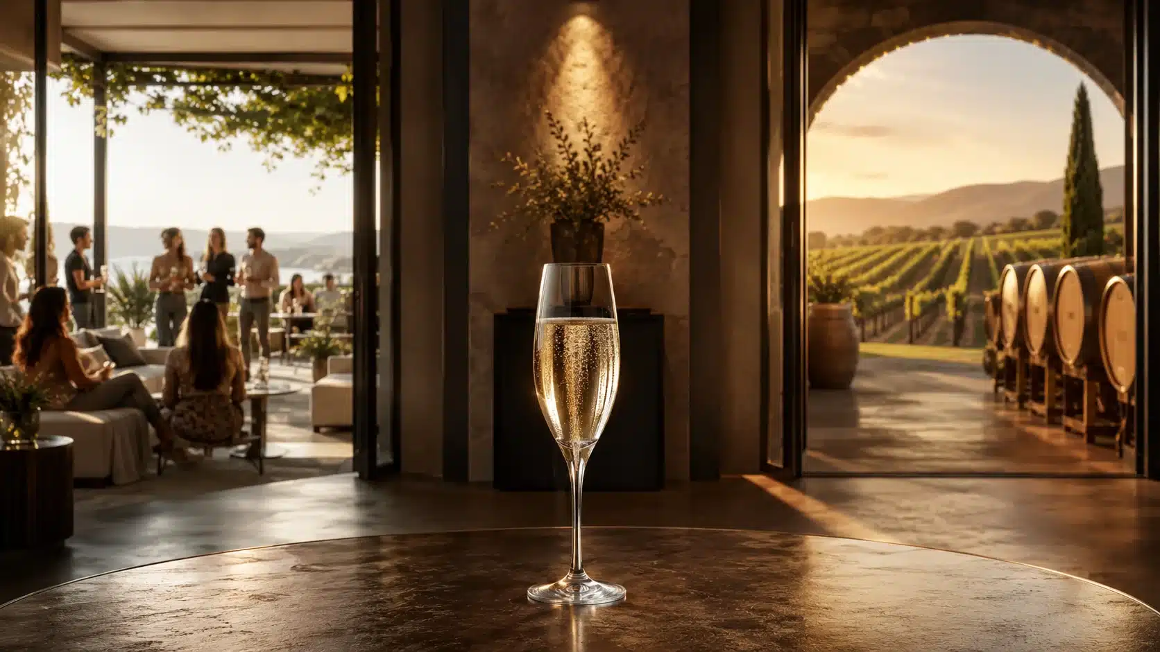 Copa de cava iluminada en una bodega elegante que representa el marketing para marcas maduras – Molt Bé