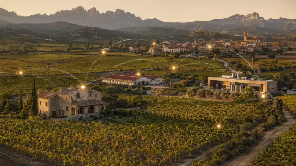 Paisaje catalán con viñedos, masía y red digital que representa el territorio como ventaja competitiva – Molt Bé