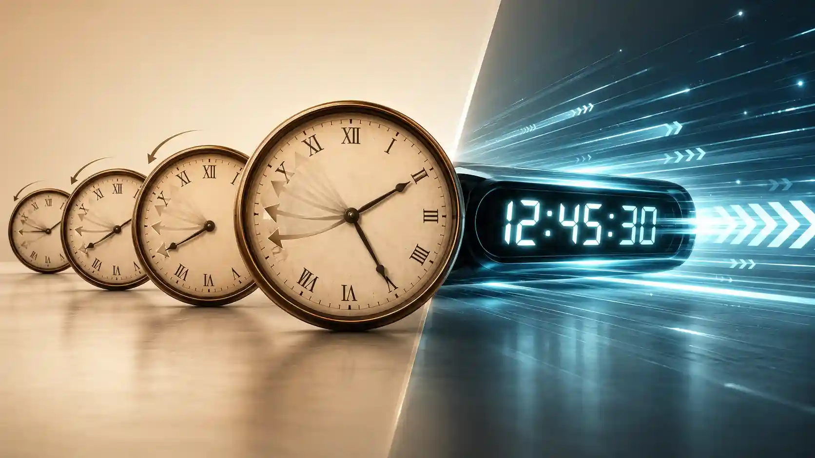 Relojes analógicos girando hacia atrás junto a un reloj digital acelerado que representa la visibilidad digital para pymes – Molt Bé