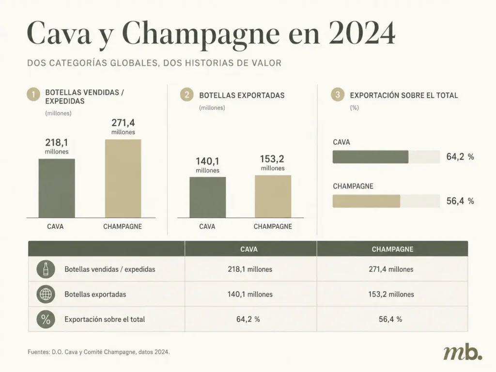 Premiumización del cava: gráfico comparativo de Cava y Champagne en 2024 con datos de botellas vendidas, botellas exportadas y exportación sobre el total.
