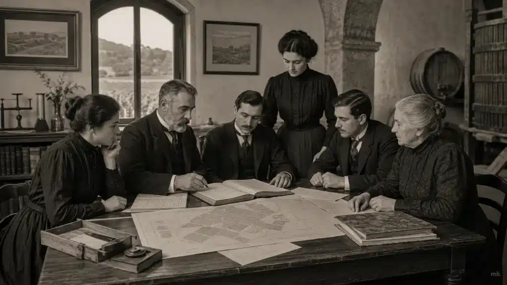 Premiumización del cava: recreación visual de una familia vitivinícola catalana reunida en una bodega, como representación de empresa familiar, patrimonio y seny. Imagen creada por Molt Bé Marketing.