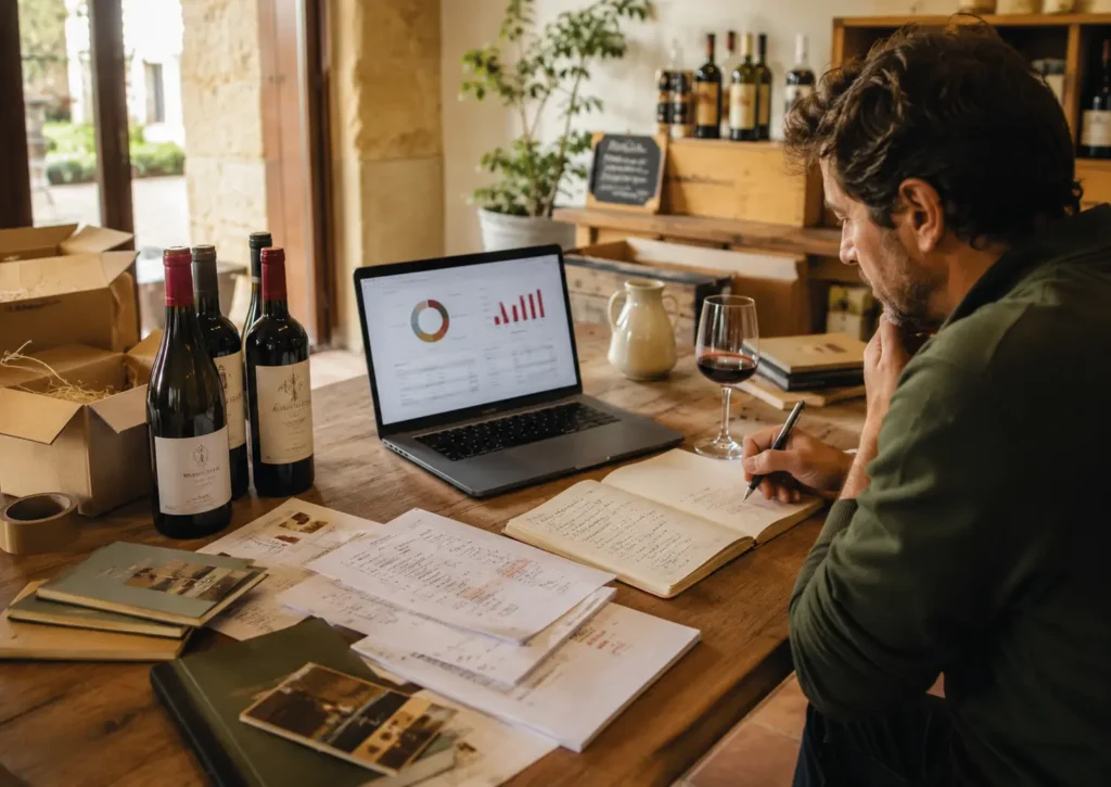 Fidelización de clientes: bodeguero analiza datos de compras recurrentes y relación con clientes en una pequeña bodega. Imagen creada por Molt Bé Marketing