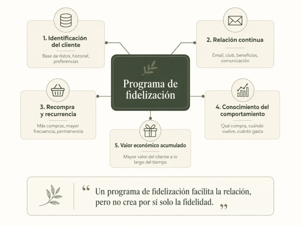 Fidelización de clientes: infografía sobre identificación, relación continua, recompra, conocimiento del comportamiento y valor económico acumulado.