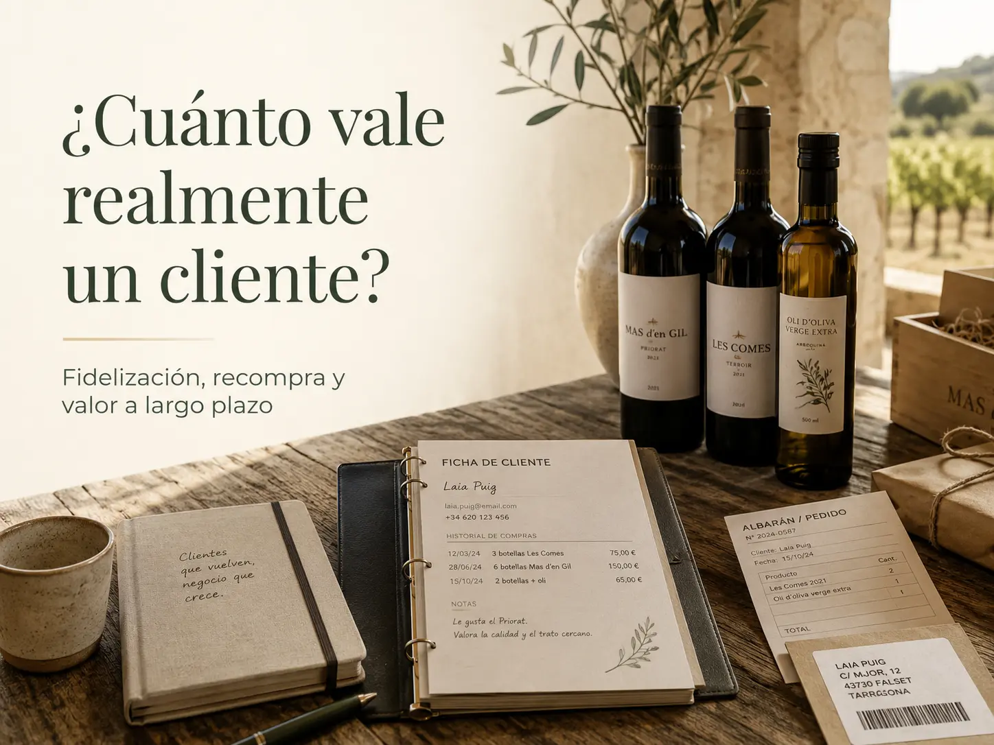 Fidelización de clientes: portada editorial con ficha de cliente, historial de compras, pedidos recurrentes y productos de una pequeña empresa familiar. Imagen creada por Molt Bé Marketing.